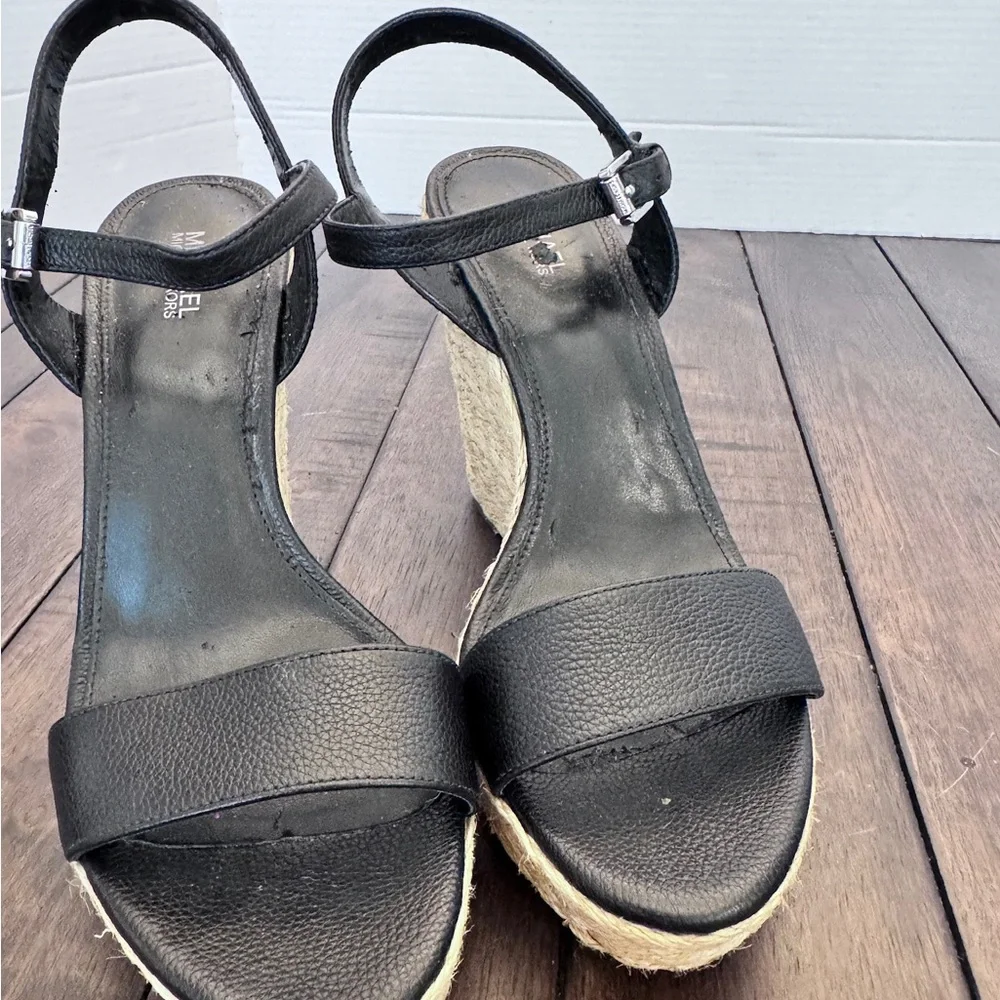 Michael Kors Womens Jill Black Leather Wedge Espadrille Sandals Shoes Size 8.5 M